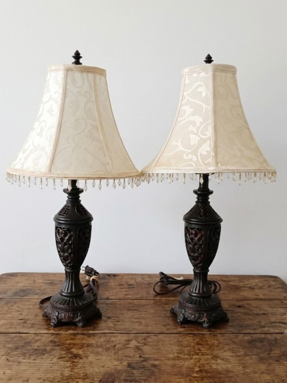 Vintage Ornate Table Lamps Bronze Filigree Cream Fabric Shades French Country